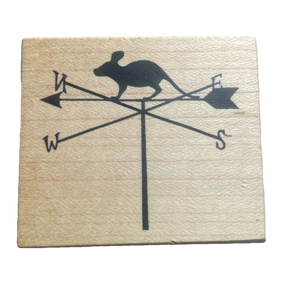 Stampa Rosa Vintage 1999 Rubber Stamp Weather Vane Mouse Compass Wood Mount